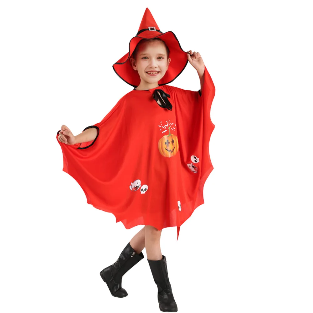 Halloween Children Funny Cute Witch Coat Cosplay Costume Boy Holiday Party Black Cape Stage Performance Pumpkin Cape Clothes