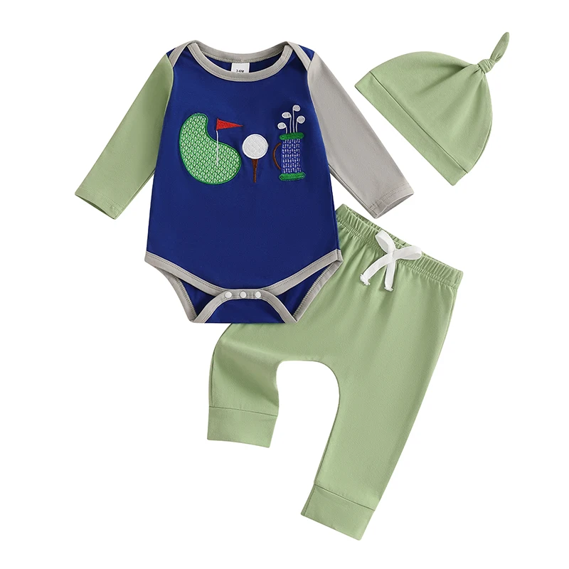 Baby Boys Fall Outfits Golf Embroidered Patchwork Long Sleeve Rompers Long Pants Hat 3Pcs Clothes Set