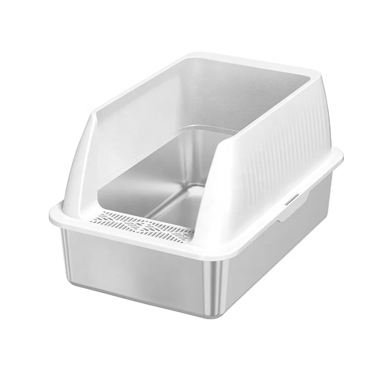 

X-Large Non-Slip Stainless Steel Cat Bedpan Box with Scoop Easy Clean Semi-Enclosed Design 65L Capacity Odor Control Multicats