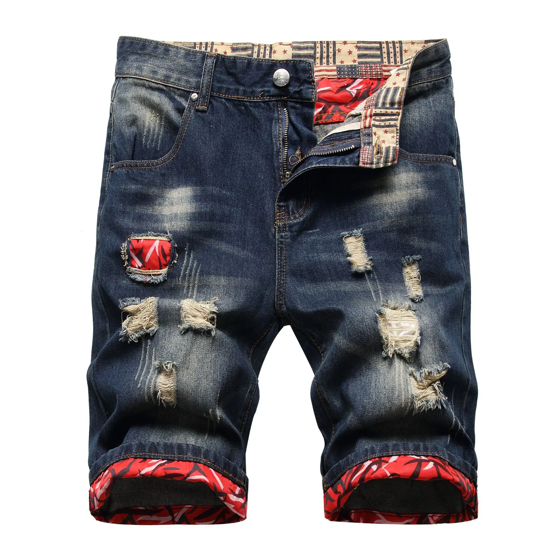 Europe and the United States fashion summer holes in embroidered cloth trouser leg cuffed color nostalgia  straight denim