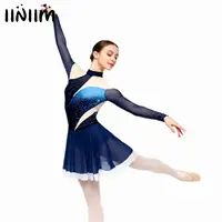 Adultos mujeres gimnasia artística patinaje artístico Ballet trajes de baile lírico diamantes de imitación brillantes vestido de baile con volantes de manga larga