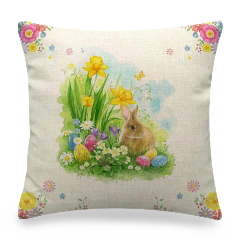 Easter Throw Pillowcase 45x45cm Home Decor Cushion Cover Easter Eggs Decorative Pillow Cover Cartoon Bunny Printed Cushion Case