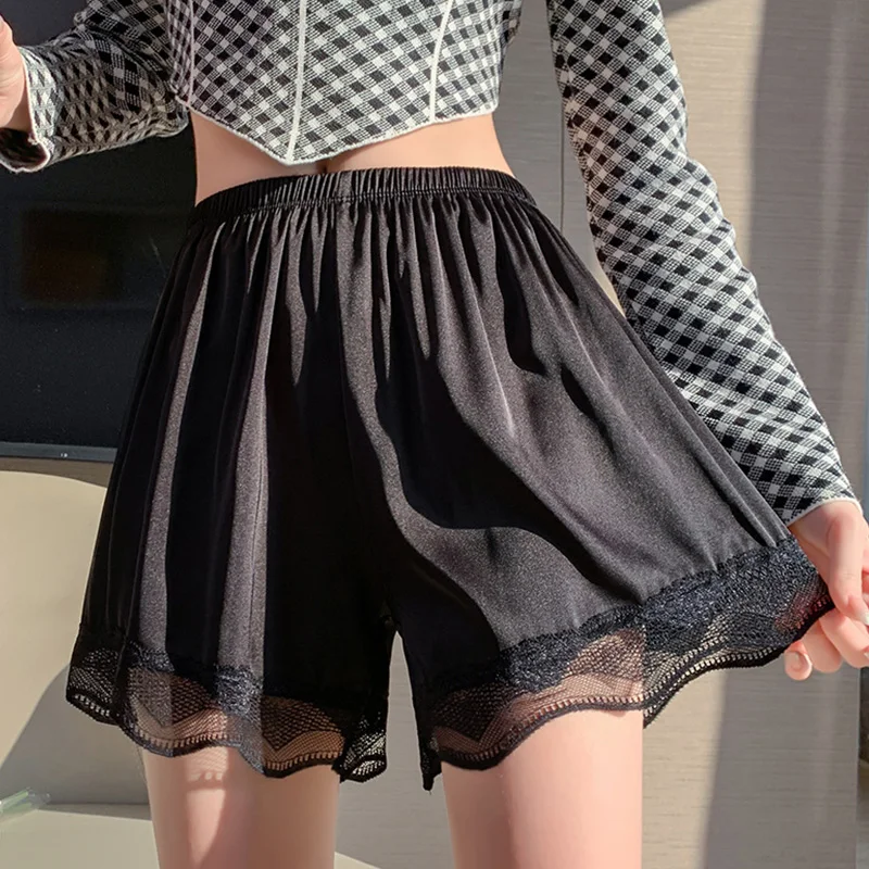 Calças de segurança de seda gelo feminino verão macio rendas cetim shorts lolita solto jk shorts bonito meninas feminino homewear íntimos bottoms