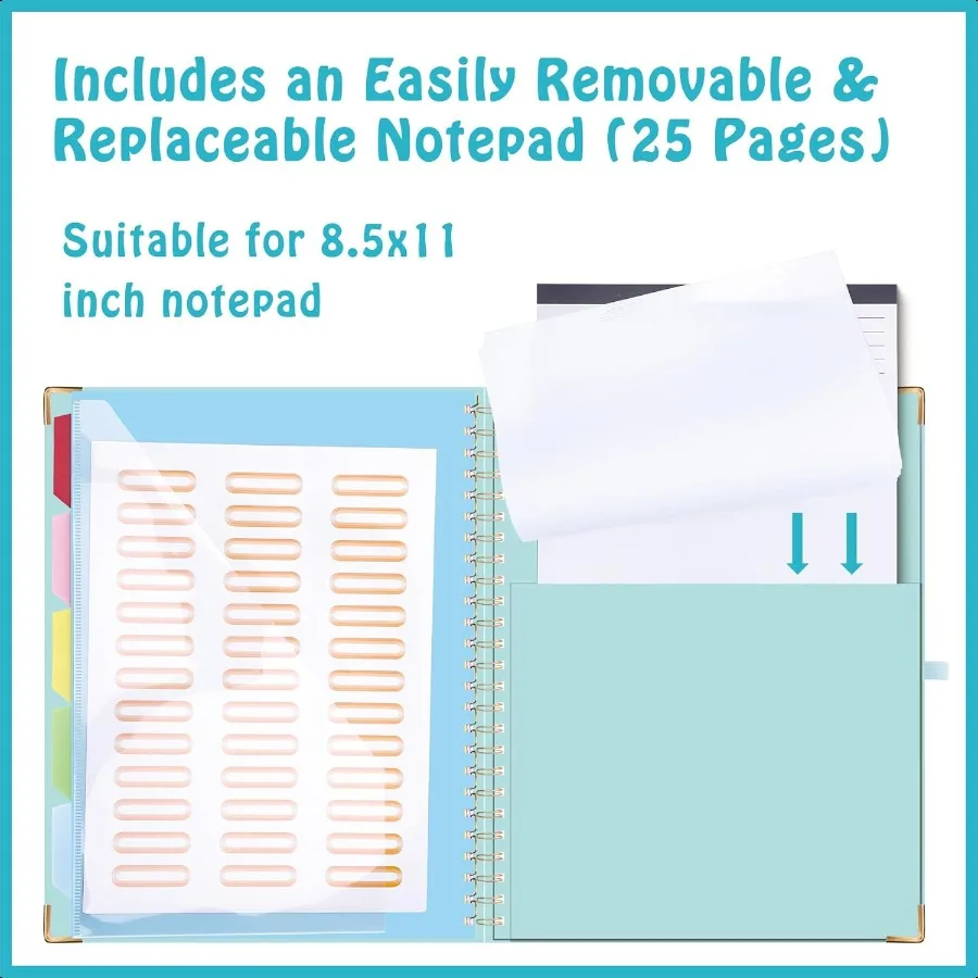 حافظة فوليو مع مفكرة قابلة لإعادة الملء لحجم الرسالة 11 × 8.5 5 فواصل مع 10 جيوب حامل أقلام مرن ومجلد ملفات