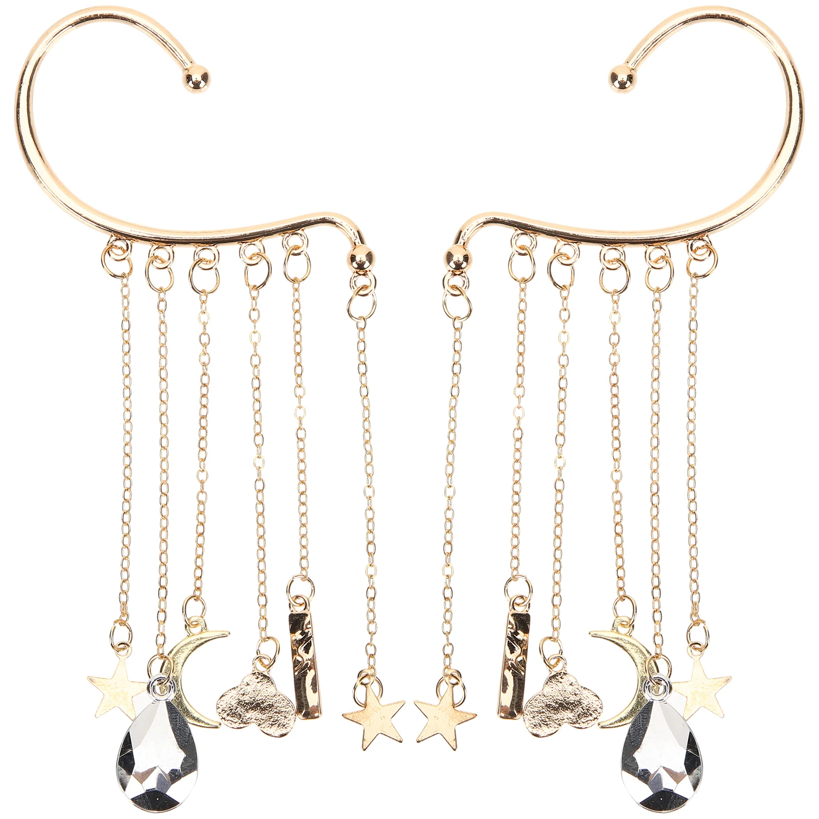 

2Pcs Moon Star Tassel Ear Bone Clip Non Piercing Ear Elegant Lightweight Birthday Wedding Party Cool Earrings