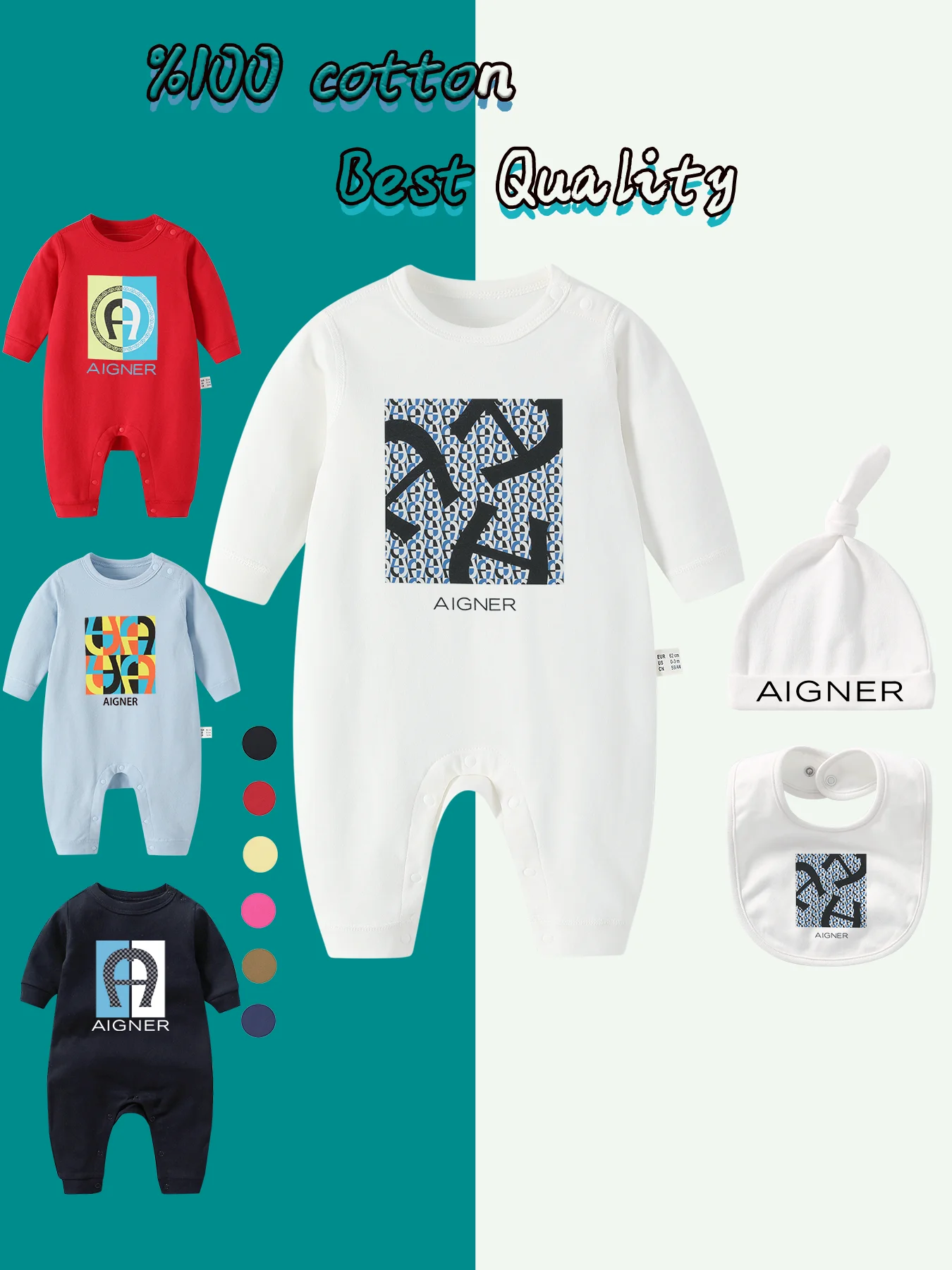 Newborns Boy Long sleeves Winter Clothes Pure Cotton Romper Infant Geometric Shapes Jumpsuit Hat Bibs Set Toddler Bodysuits Fall