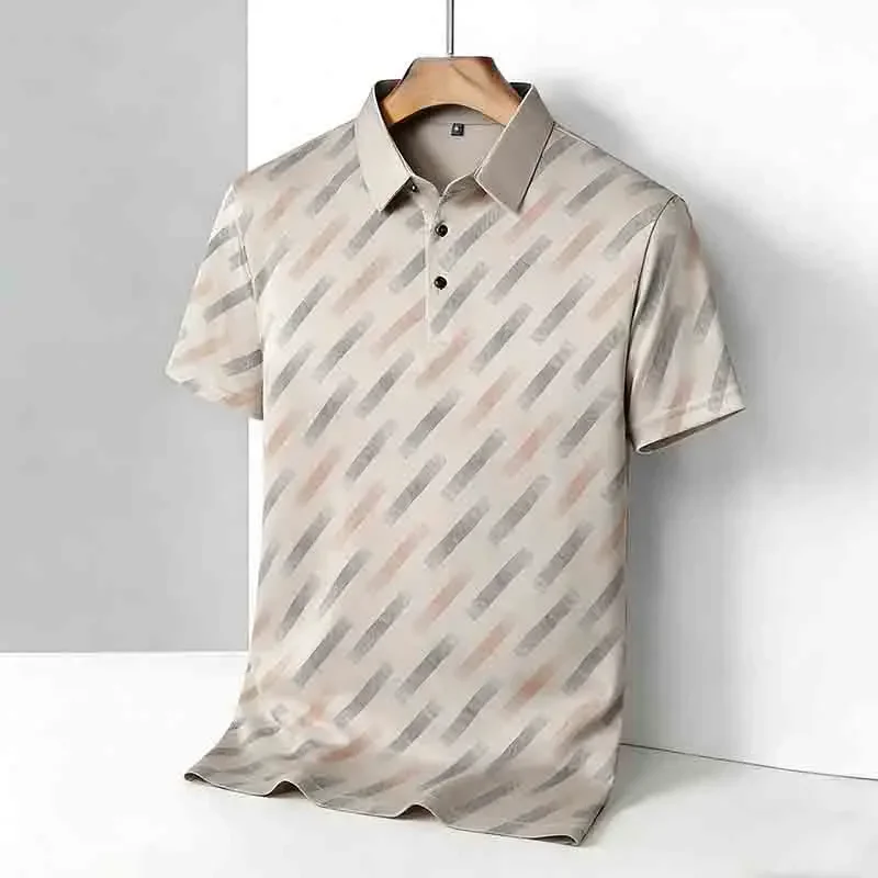 Polo pour homme à manches courtes, col à revers, imprimé rayures diagonales, décontracté, pour le golf et les affaires