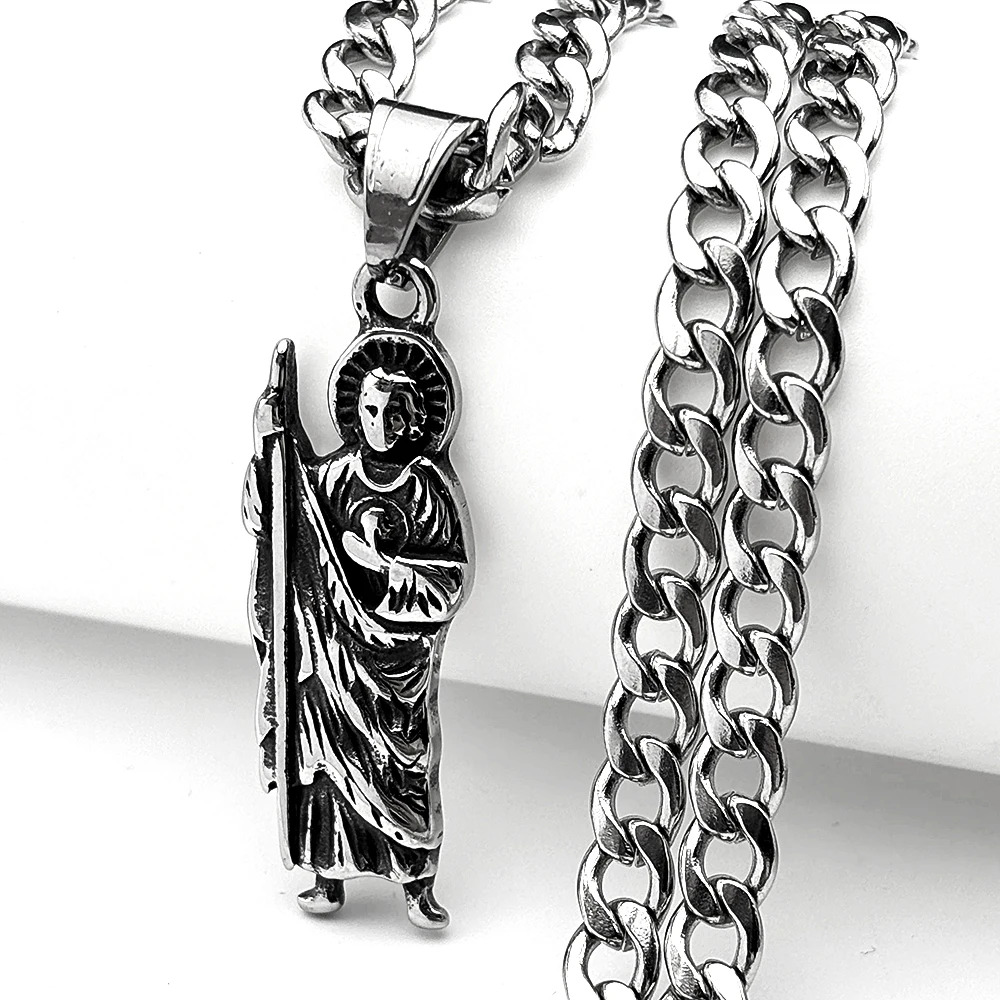 Vinatge San Judas Tadeo Pendant Necklace for Men Women Stainless Steel Silver Color Saint Jude Thaddeus Chain Amulet Jewelry