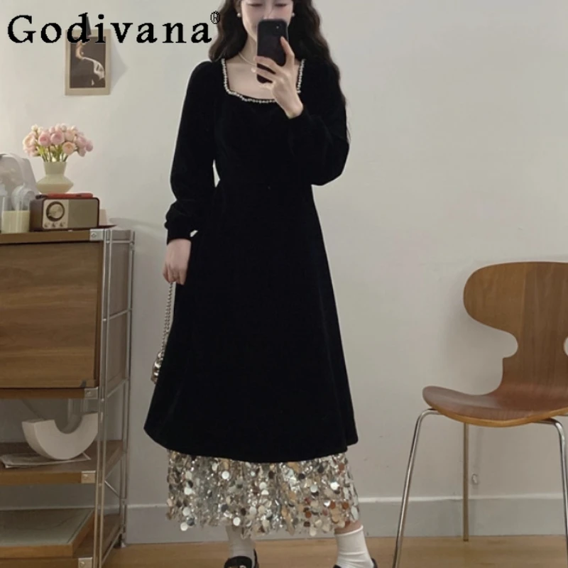 

Women Plus-size Autumn Winter Temperament Square Neck Sequins Black Long Sleeve Dress Fashion High Waist A-line Elegant Dresses
