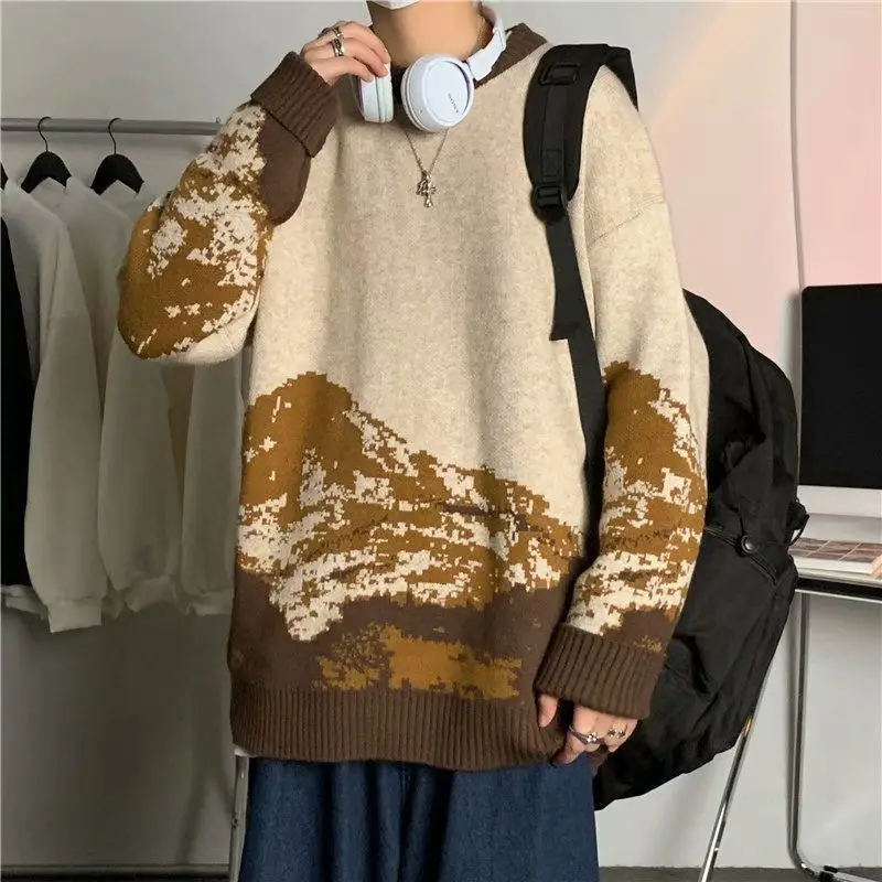 

Youthful Vitality Vintage Sweaters Men's Clothing Gradient Spliced Autumn Winter Stylish Jacquard Weave Casual Knitted Pullovers