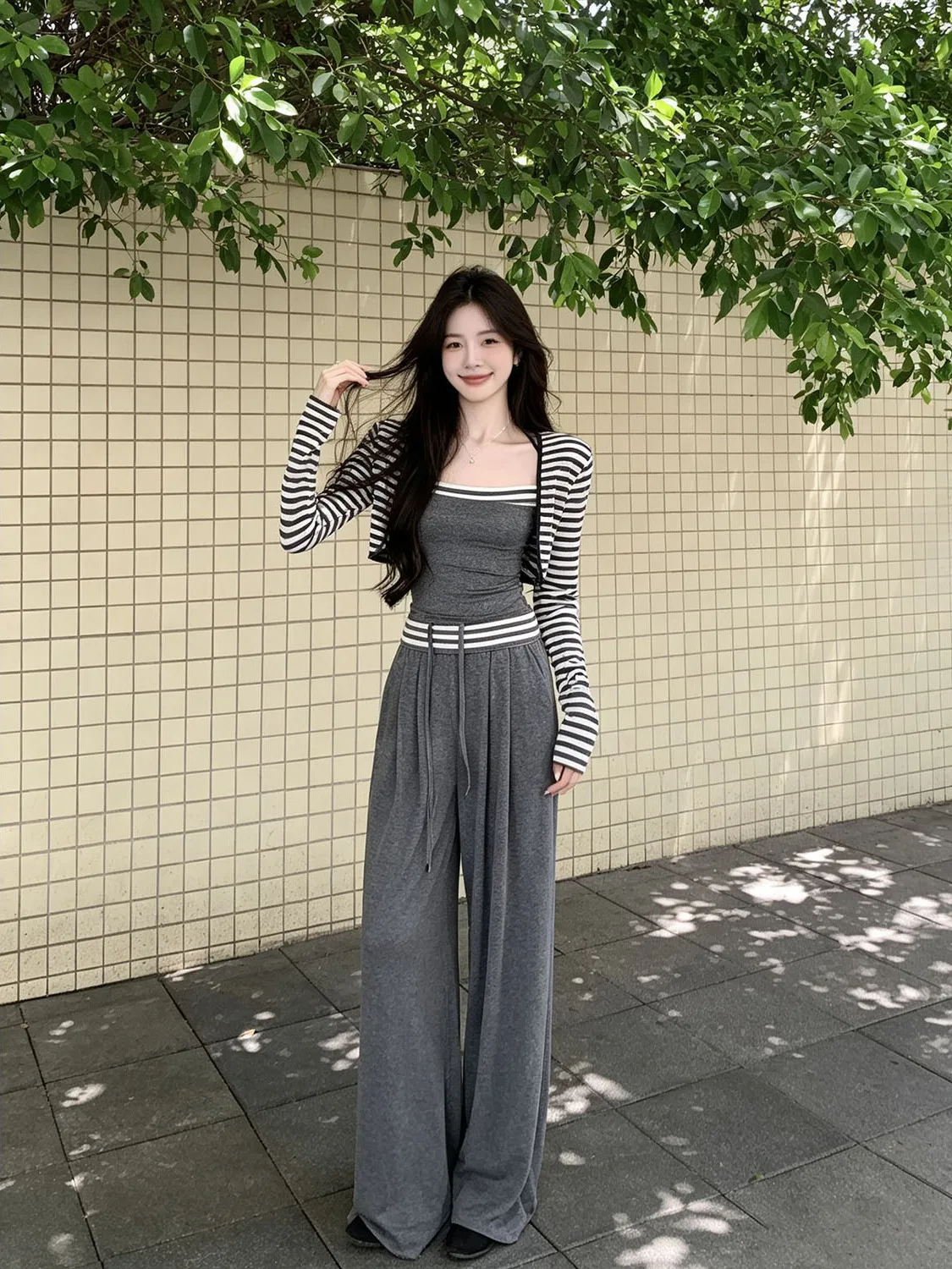 Casual Striped Tube Top Vest Open Cardigan High Waist Pants Three Piece Set Color Block Early Autumn New Korean Style Women's...