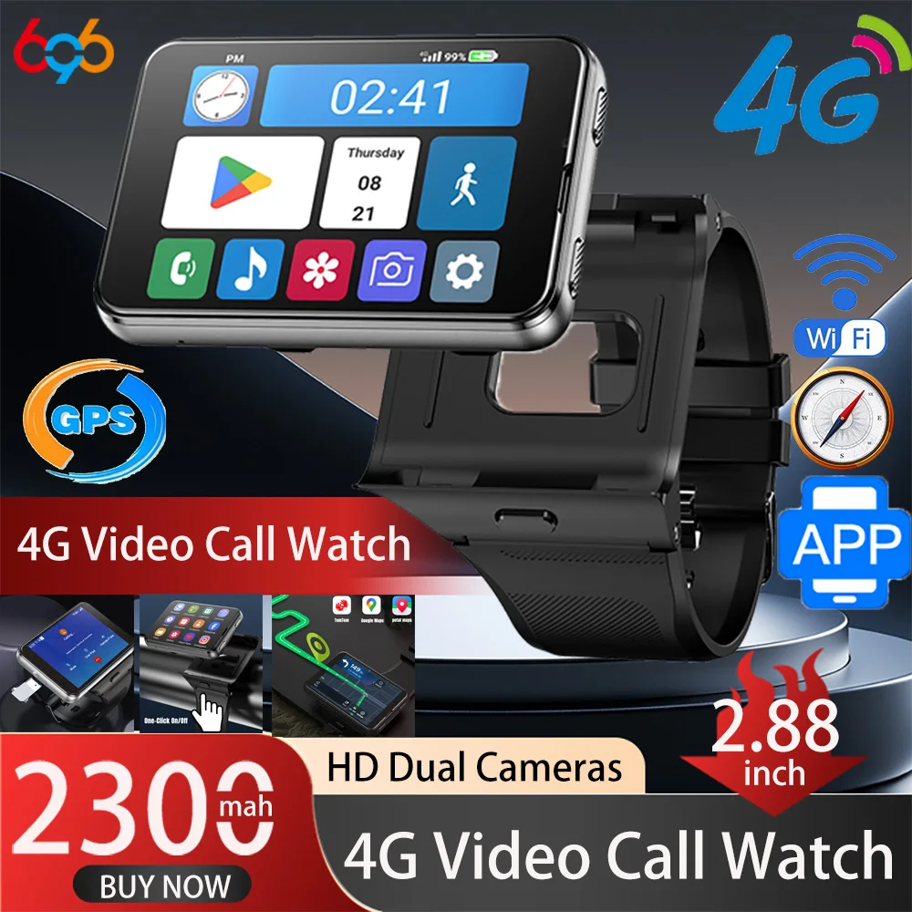 

2.88" Large Screen 4G Smart Watch Android11 Smartwatch Women Clock 2MP/8MP Dual Camera 4GB RAM 64GB ROM 2300MAh GPS WIFI Compass