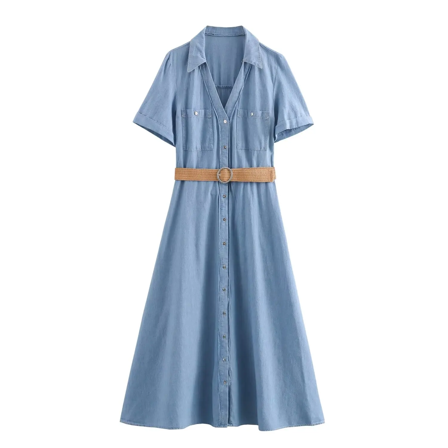 

HH TRAF Women Summer Fashion Blue Lapel Ankle Belted Midi Shirt Dress Female Vocation Turn Down Collar Short Sleeve Long Dress