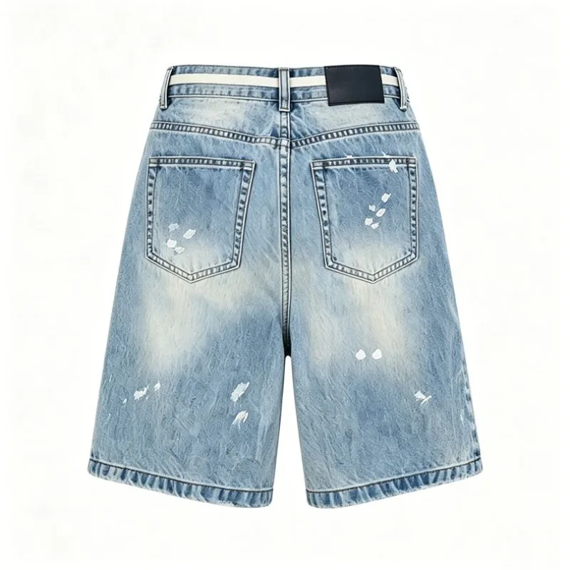 2026 Summer High Waist Loose Five Points Distressed Ripped Denim Shorts Women Bleach Stripe Drawstring Street Pants view 6