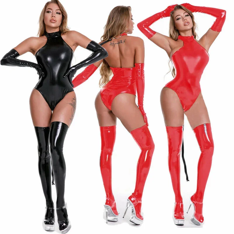 

Sexy Lady Faux Leather Latex Catsuits With Belt High Cut Wetlook PU Lingerie Bodysuit Clubwear Costumes Gloves Long Stockings