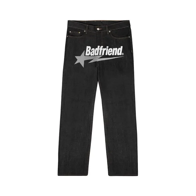 Y2k Jeans Badfriend Letter Printing Pants Hip Hop  Baggy Black Denim Pants New Harajuku Punk Rock Wide Leg Trousers Streetwear