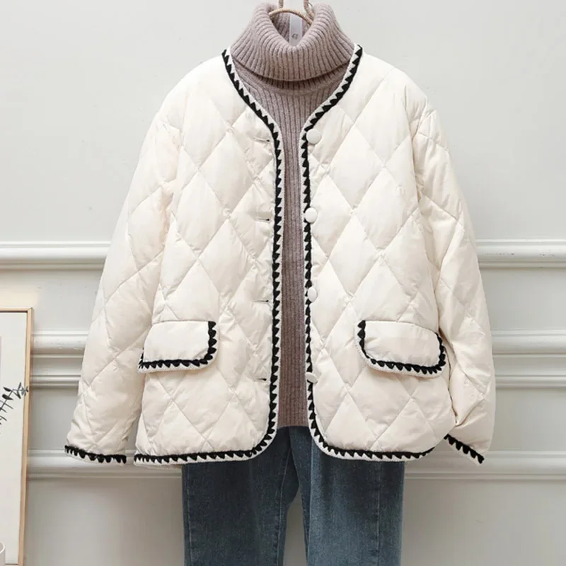 

New Block Color Women Down Jacket Short White Duck Down O-Neck Fashion Coat Single Breasted Long Sleeeve Tide Warm Fit Winter