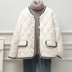 New Block Color Women Down Jacket Short White Duck Down O-Neck Fashion Coat Single Breasted Long Sleeeve Tide Warm Fit Winter