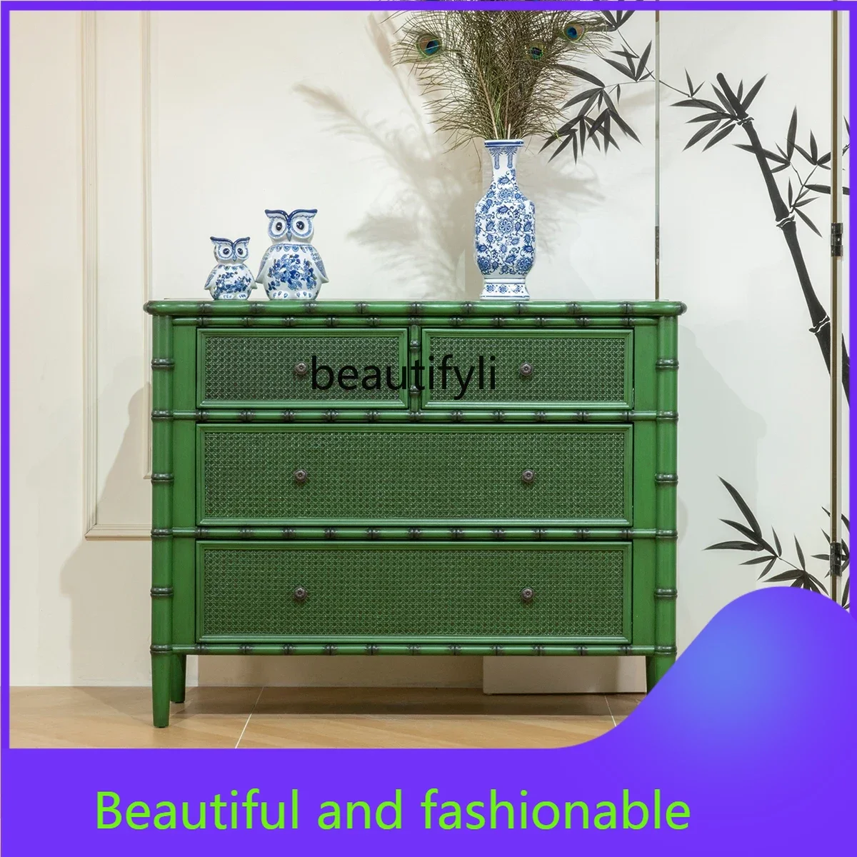 

xz1Bucket cabinet retro style entrance bamboo joint four pumping large capacity storage household decoration cabinet