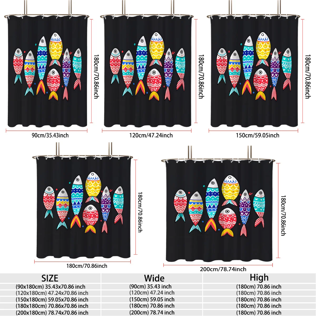 Cute Folk Art Colorful Patterned Fish Group Illustration Against Black Background Bath curtain Cozy Soft Warm 