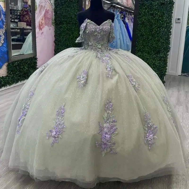 

Customized Mint Green Shiny Quinceanera Dresses Ball Gown Off Shoulder Appliques Lace Beading Crystal Tull 16 Dress Vestidos 15