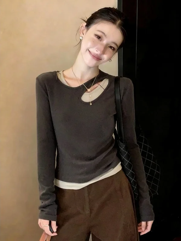 Design Sensation Long Sleeve T-Shirt Women plus Size Autumn New Style Commute Style High Waist Loose Fit round Neck Top