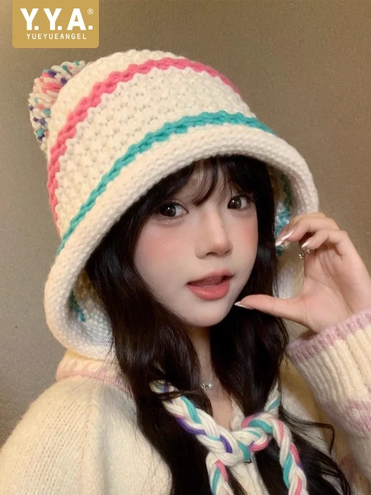 Sweet Ladies Winter Colorful Knitted Beanies Keep Warm Kawaii Women Outside Travel Cap Ear Protection Tassels Lace Up Hat