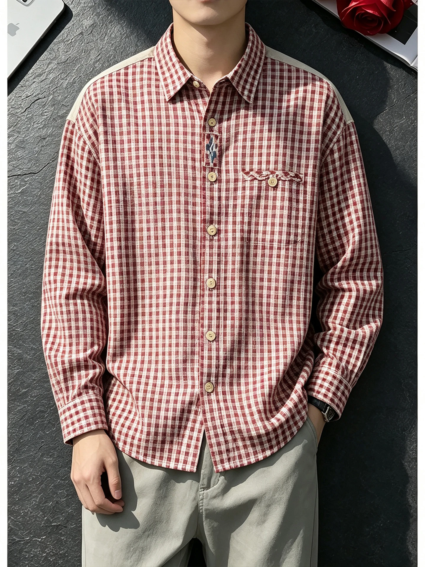 Retro American Plaid Embroidery Long Sleeve Men's Shirt Autumn Lazy Style Collar Casual Loose Open Cardigan Outerwear