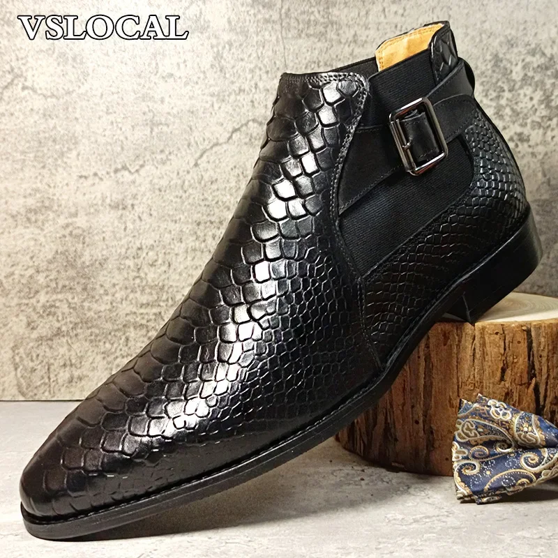 

Luxury Men Ankle Boots Shoes Black Coffee Snake Print Slip On Elastic Band Chelsea Buckle Genuine Leather Boots For Men