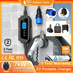 feyree Type1 7KW 32A EV Charger 1Phase with j1772 Cord Current Adjustable Portable Charging Box Holder for Electric Car Charger