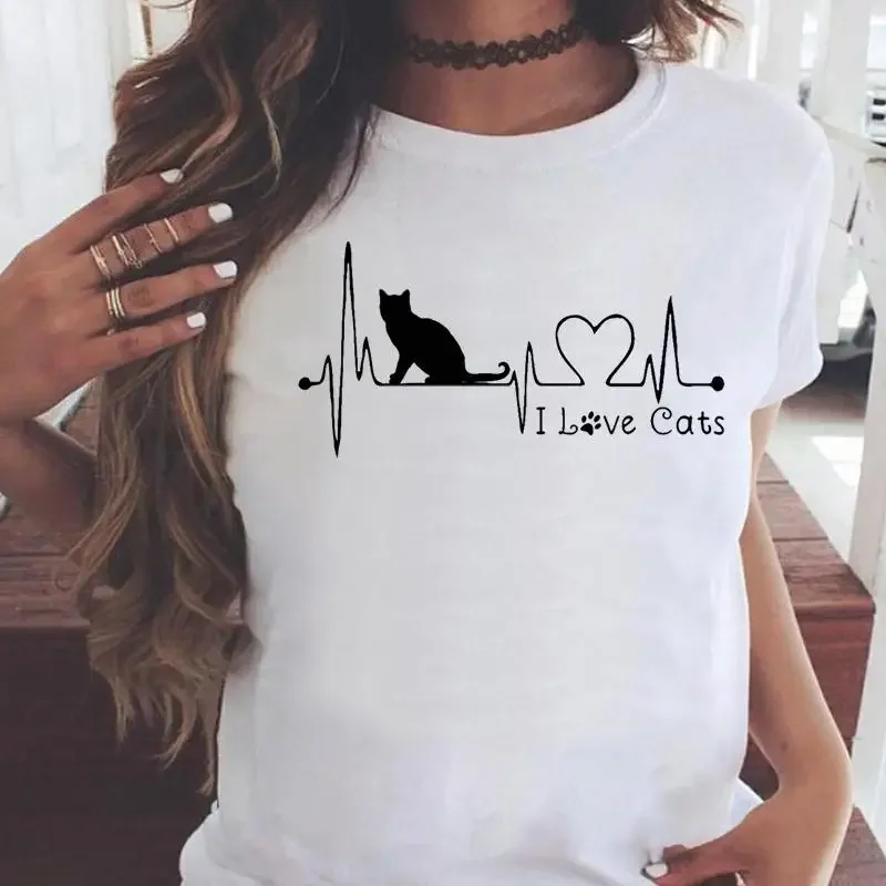 

Fashion Women Cartoon Cat Love Pet Lovely Style Shirt Print T-shirts Stylish Short Sleeve Graphic T Top Female Tee T-Shirt