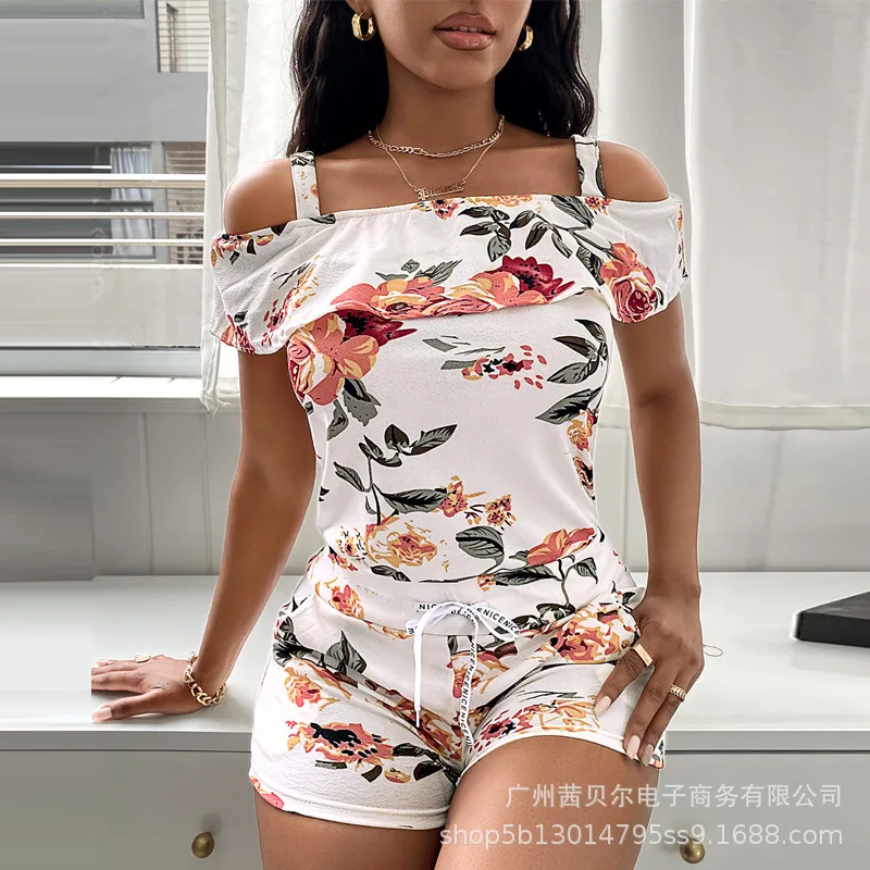 

Women Summer Floral High Waist Flattering Camisole Shorts Suit Short Sleeve Strap Tanks Top High Waist Shorts Pants