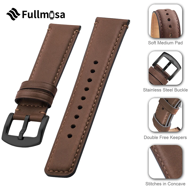 Fullmosa Genuine Leather Watch Strap 18mm 20mm 22mm for Samsung Galaxy Watch/HuaWei Watch/Garmin Watch Vintage Cowhide WatchBand