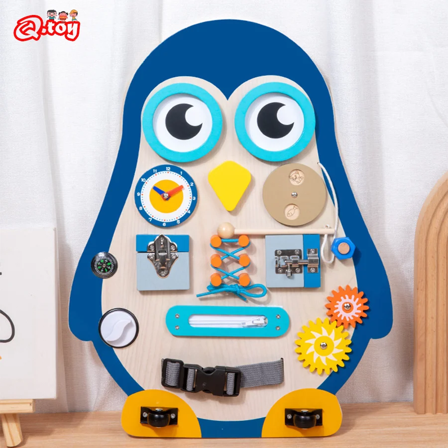 

Wooden Montessori Busyboards Latch Lock Daily Skill Learning Educational Penguin Busy Boards Children Cognition Interactive Toys