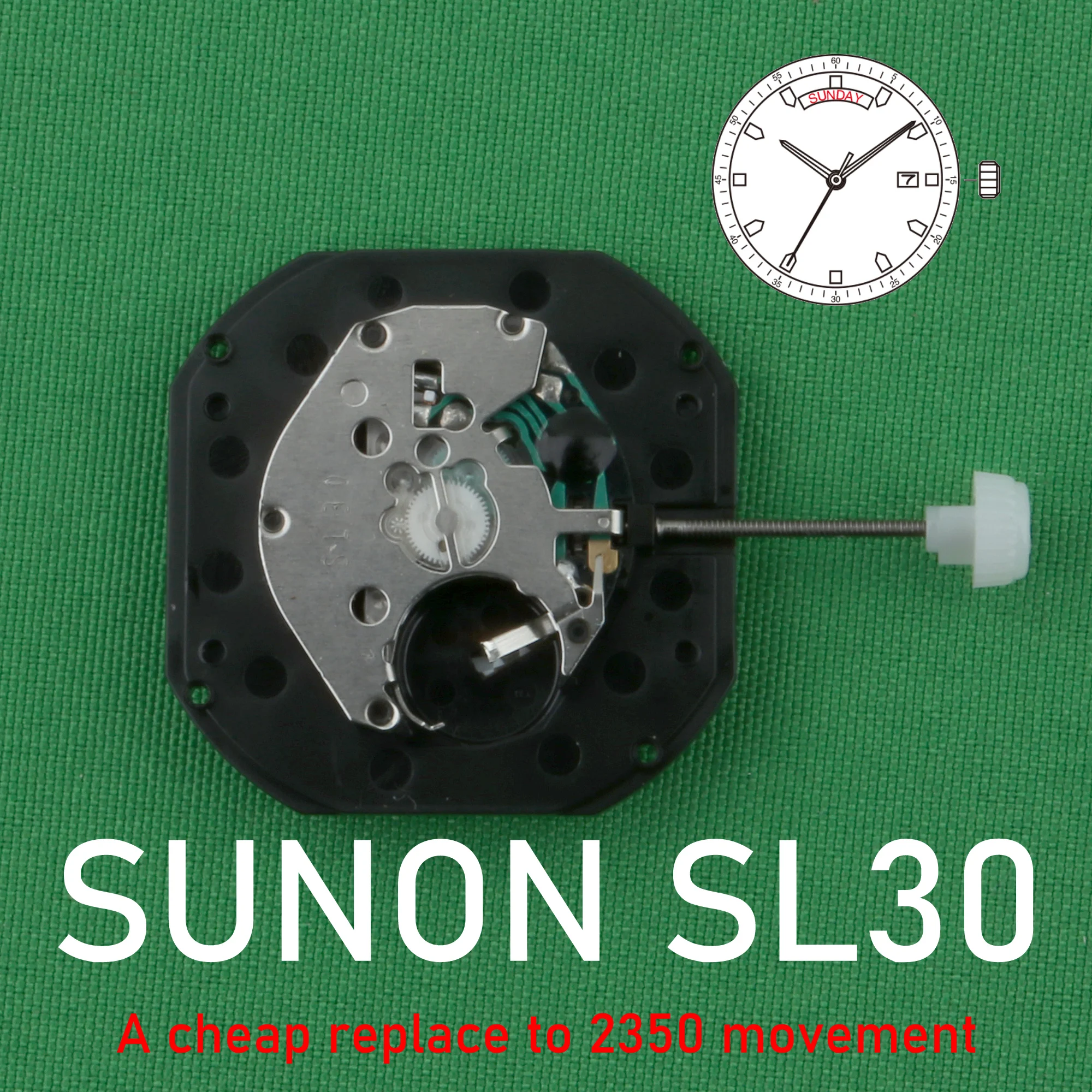 Механизм SL30, Китай, SUNON SL30, кварцевый механизм, календарь с тремя стрелками, широкий день/дата, замена механизма 2350.