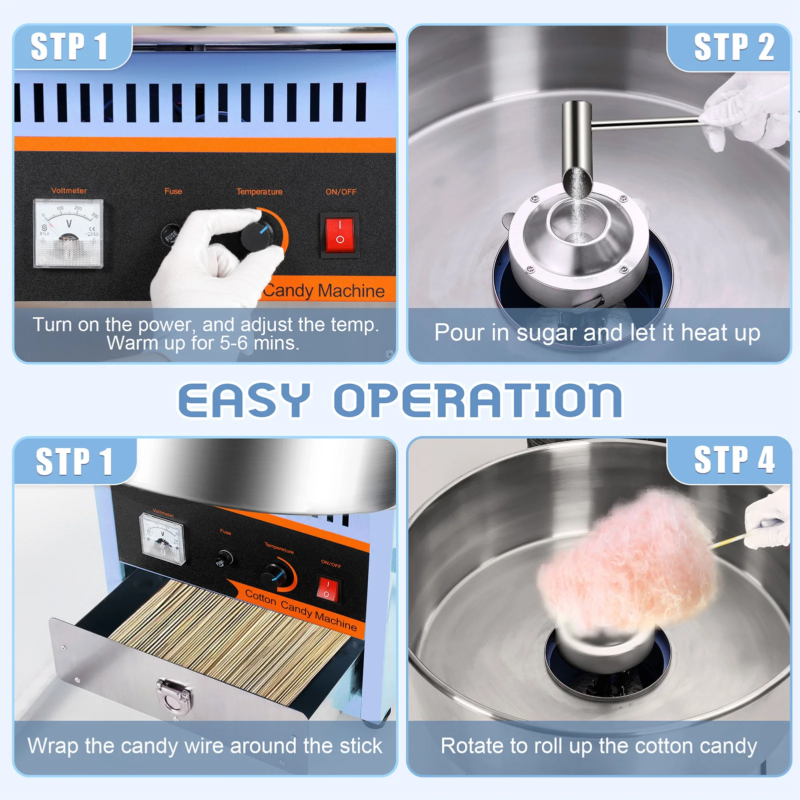 เครื่องทำสายไหมอัตโนมัติสแตนเลสแบบใช้ไฟฟ้าสำหรับธุรกิจ พร้อมปลั๊กไฟฟ้า เครื่องทำมาร์ชเมลโลว์แบบใช้ไฟฟ้า
