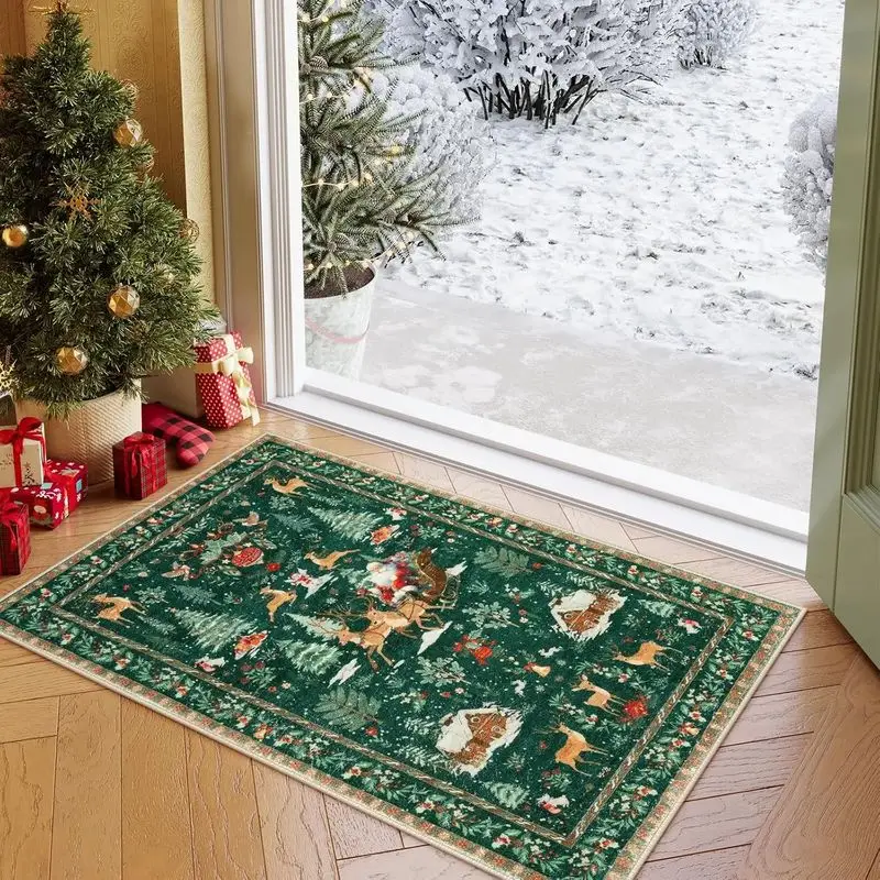 VIKAMA Christmas Santa Sleigh Flannel Runner Rug for Kitchen Entryway Floor Mat Soft Cozy Christmas Festive Home Decor