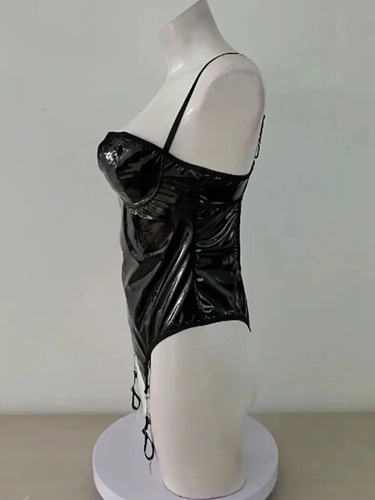 S-XXL Spaghetti Stap Shaped Breast Wet Look PVC Catsuit Swimsuit Shiny PU Leather Bodysuit Tight Sexy Clubwear Body Belt Teddies