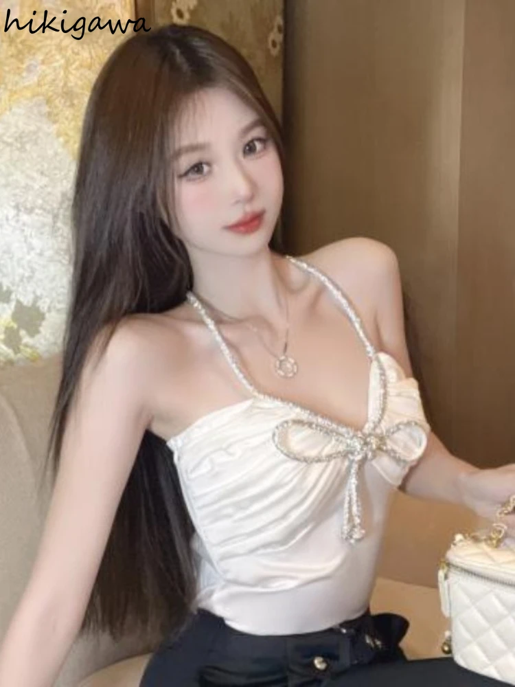 Ropa de moda coreana, camisetas sin mangas sexis con lazo y hombros descubiertos, chaleco con temperamento, Ropa de Mujer con cuello en V y espalda descubierta, Tops cortos con pliegues