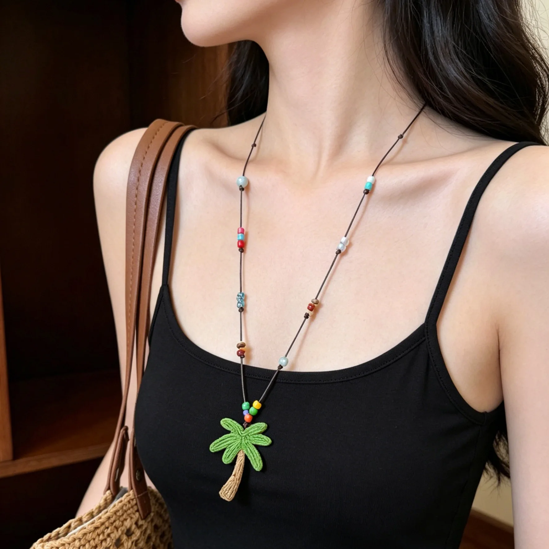 Beach Vacation Coconut Tree Beaded Layered Necklace Minimalist Unique Design Collarbone Choker Versatile Daily for Women