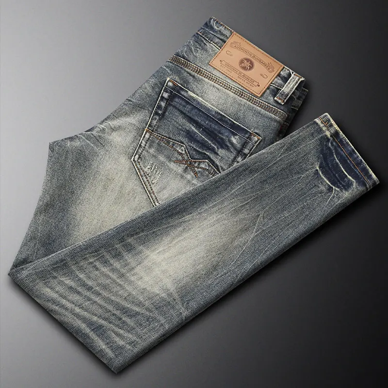 High-Quality Street Fashion Men's Retro Washed Blue Slim Fit Jeans Elastic Straight Tube Corrugated Men's Jeans