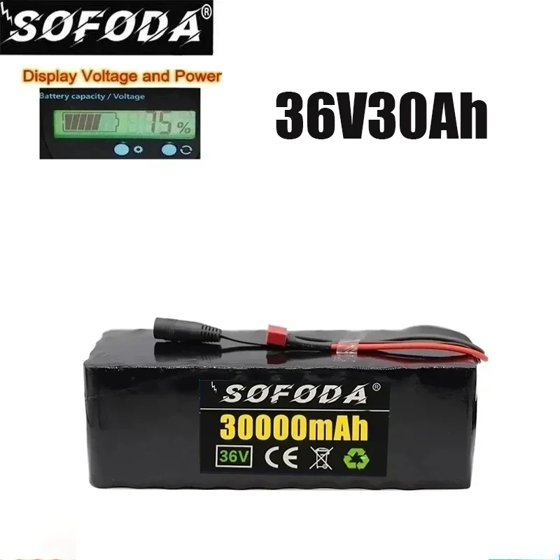 Bateria de alta potência para bicicleta elétrica, 36V, 10S4P, 30Ah, 1000W, 42V, 30000mAh, BMS Capacity Indicator e carregador