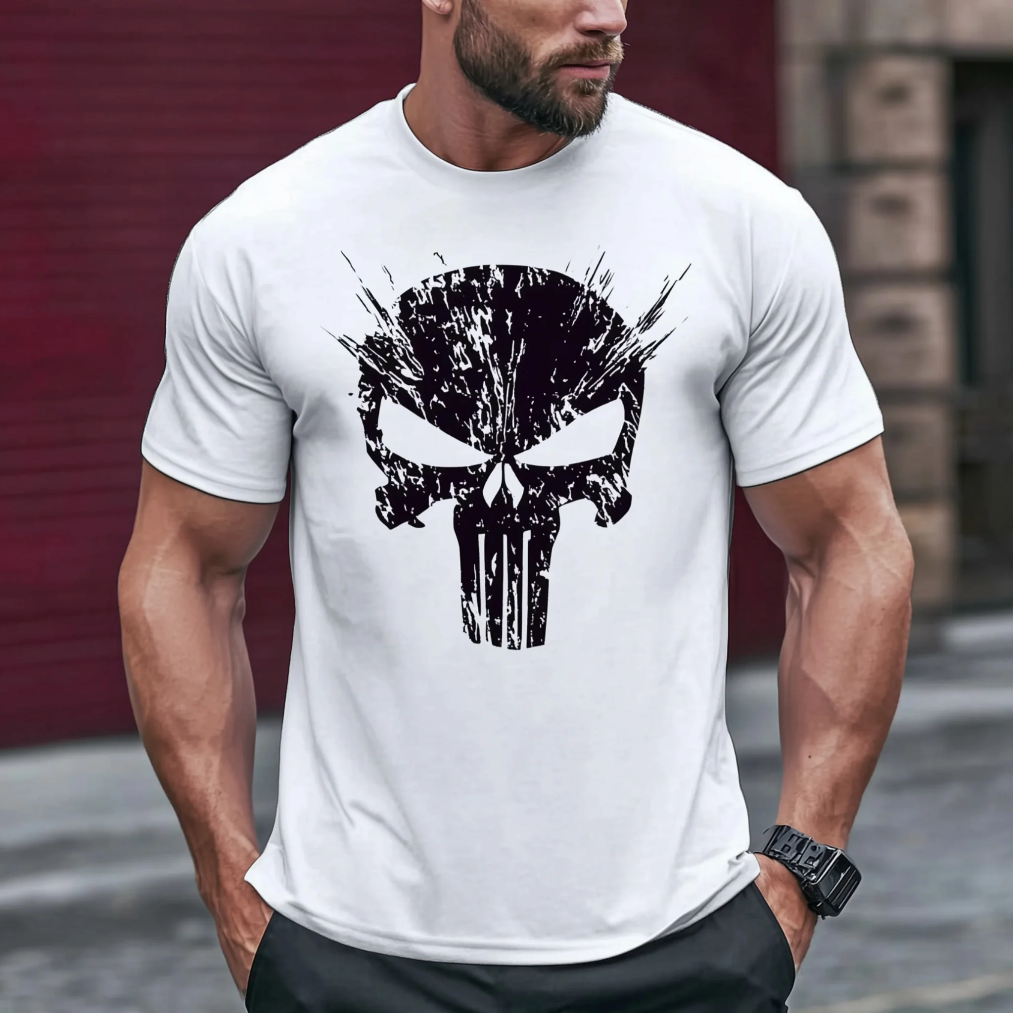 

Teevo Men's Short Sleeve T-Shirt Skull Graphic Print Casual Streetwear Top for Daily Wear