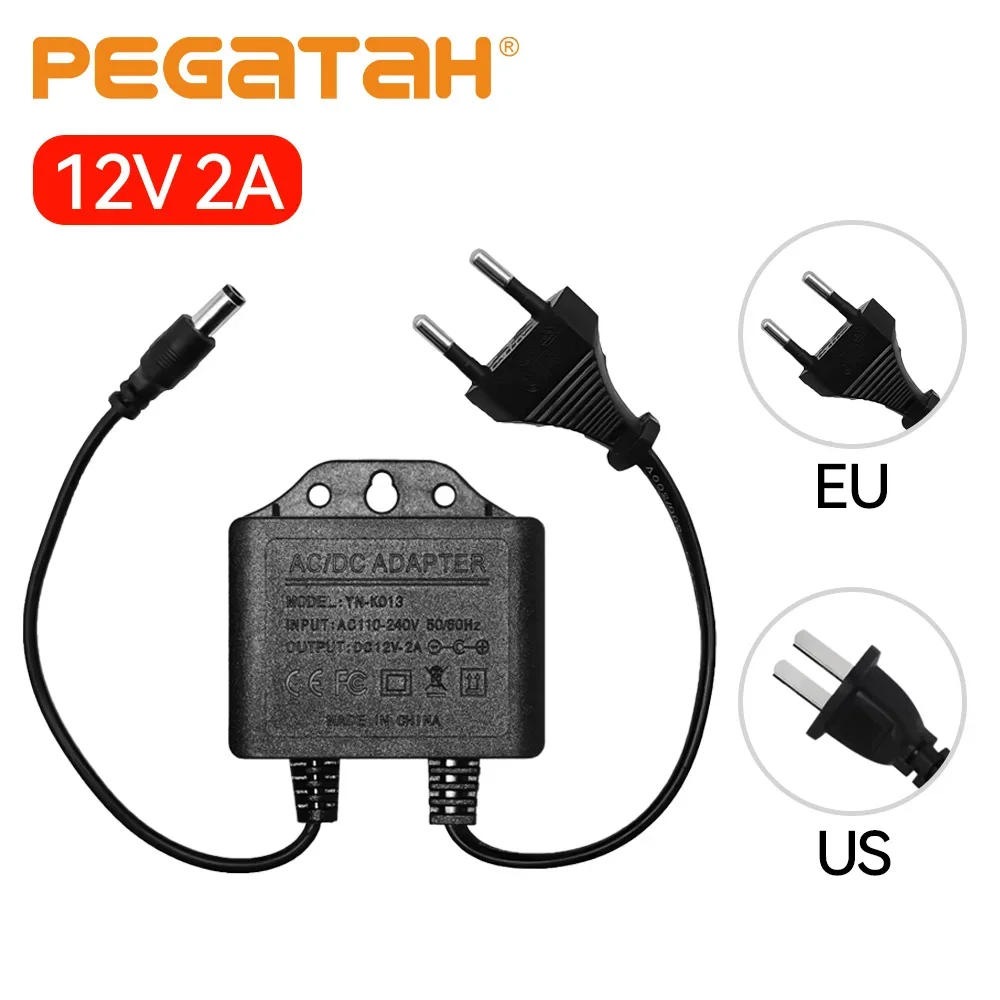 PEGATAH DC12V 2A Waterproof Power Supply EU Plug for Outdoor CCTV Camera AHD DVR NVR AC110V-240V Input 5.5x2.1mm Adapter Charger