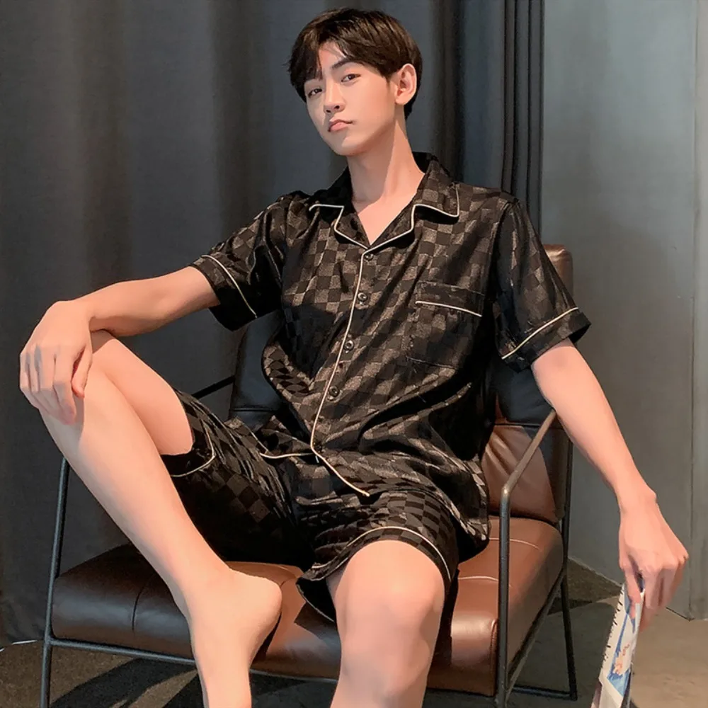 

Simple Stripe Men’s Pajama Suit Satin Silk Grid Short Sleeve Nightwear Loose Homewear Two Pieces Sleepwear Home