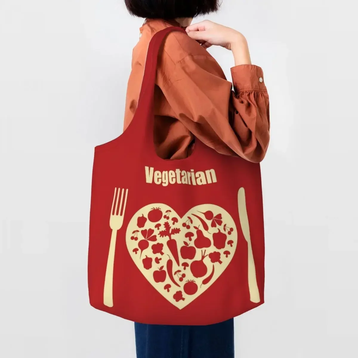 Kawaii Vegetarian Shopping Tote Bags Recycling Healthy Food Groceries Canvas Shoulder Shopper Bag Photography Handbags