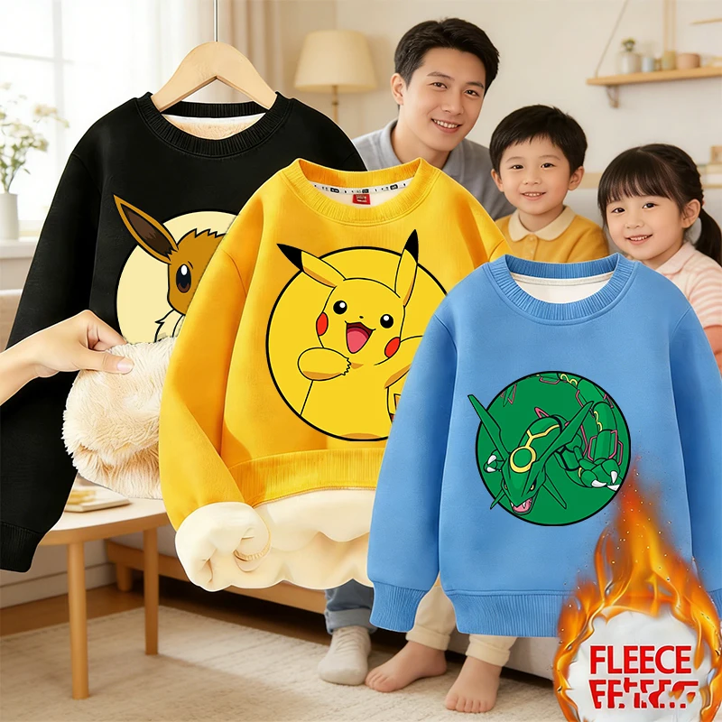 

Cute Pokemons Kid Hooded Winter Warm Cashmere Style Clothes Boy Girl Anime Print Thicken Fleece-lined Streetwear Shirt Game Gift