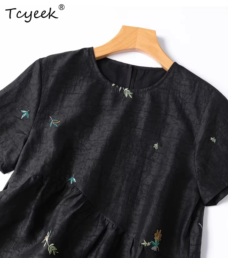 Tcyeek 100% Mulberry Silk Summer Tees Elegant T-Shirts for Women Clothes 2026 Loose Fit Womens Tops Embroidery Футболка Женская