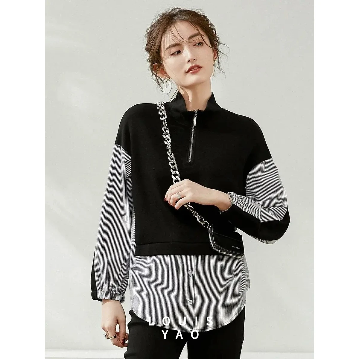 

LOUISYAO Striped Faux Two-Piece Women's Shirt 2025 Autumn Tops Contrast Colours Patchwork Drop-shoulder Long-sleeve Blouse