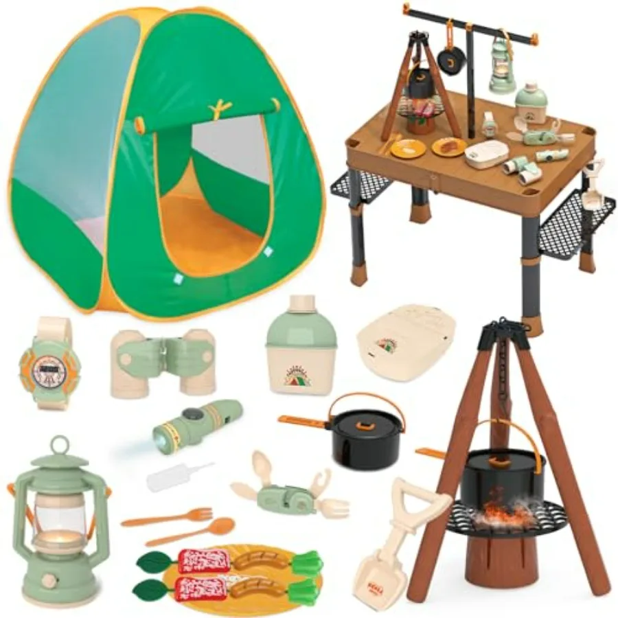 

Camping Set for Pretend Play: Folding Storage Table Tent, Plastic Fabric, Green Brown, 50pcs with Projector Flashlight, Campfir